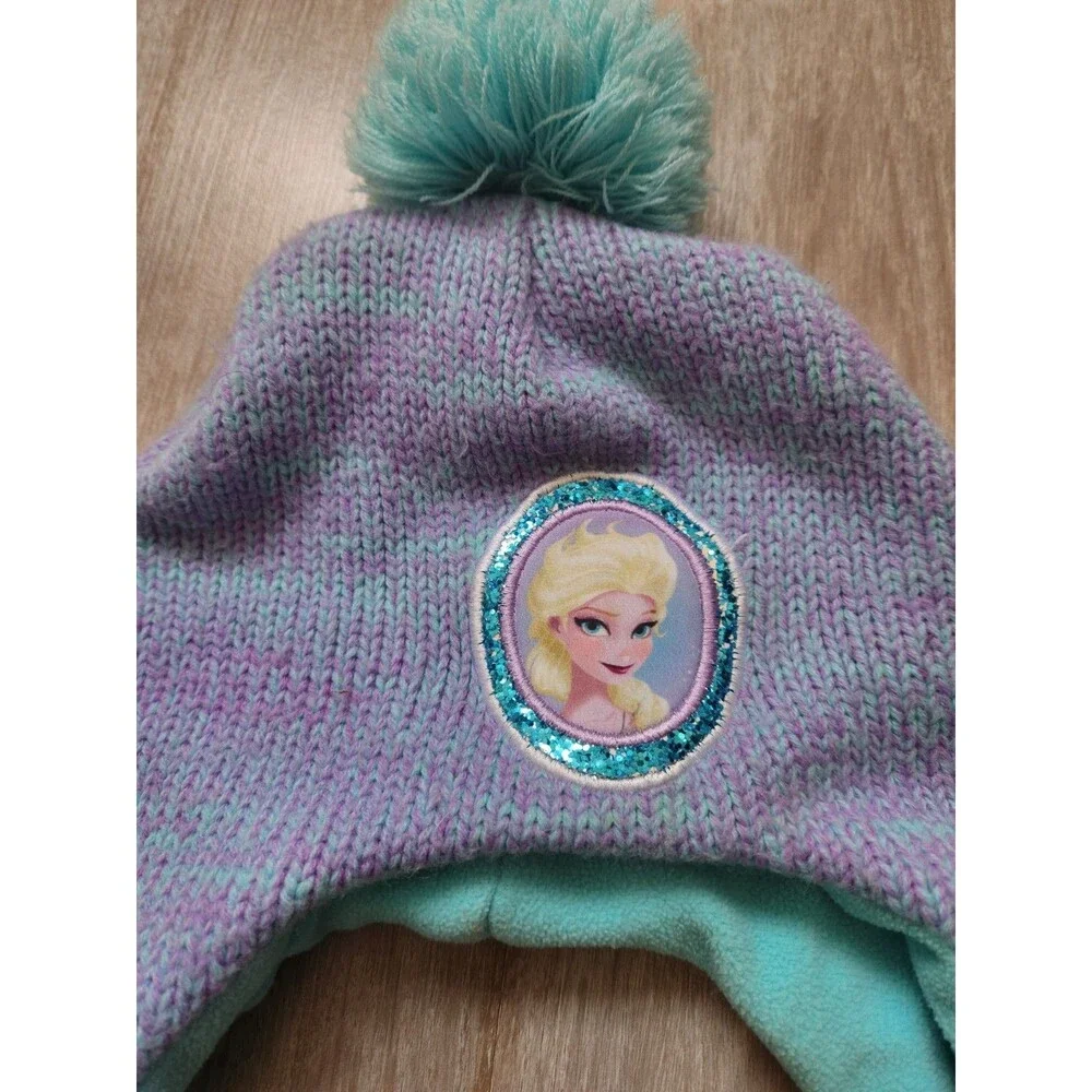 Disney Frozen Elsa Blue Purple Pom Tassel Beanie Fleece Knit Girls Sz 4-14 GUC